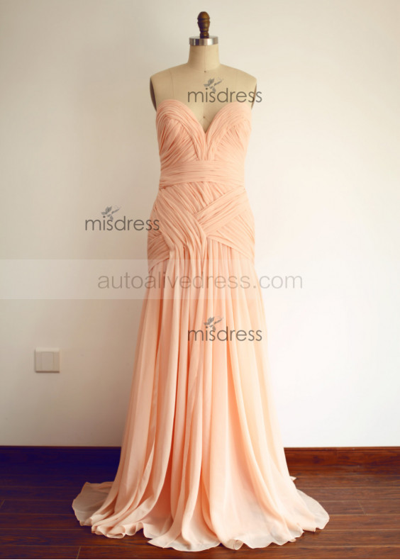Peach Sweetheart Chiffon Slit Long Prom Dress